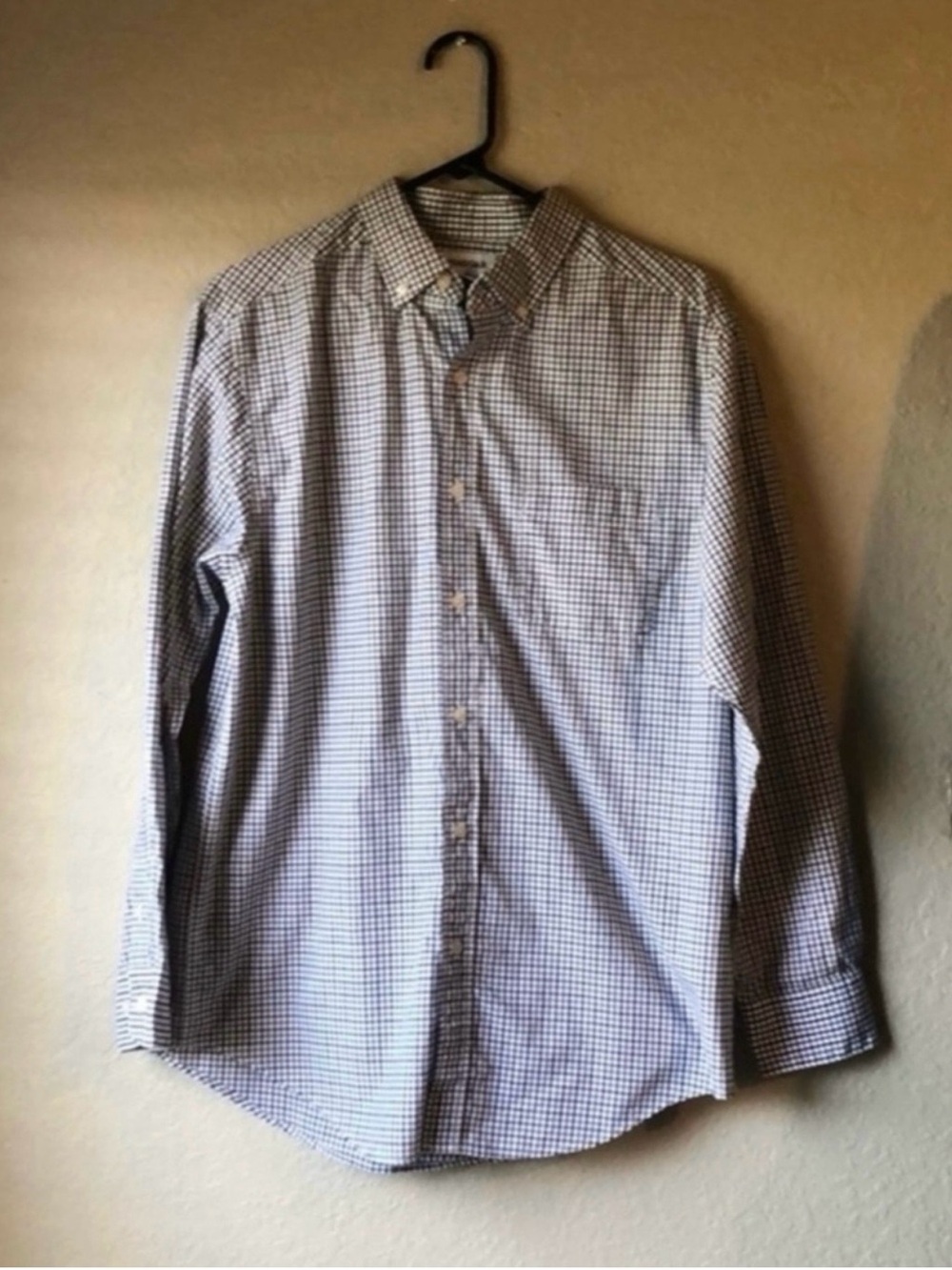 Haggar Shirt Men’s Blue & Tan Checked Long Sleeve Button Down Classic Top Medium